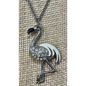 Chicos Clear Rhinestone & Enamel Flamingo Pendant Silver Tone Necklace  30~33in